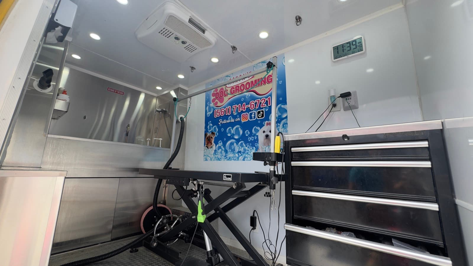 Grooming van interior — table and equipment